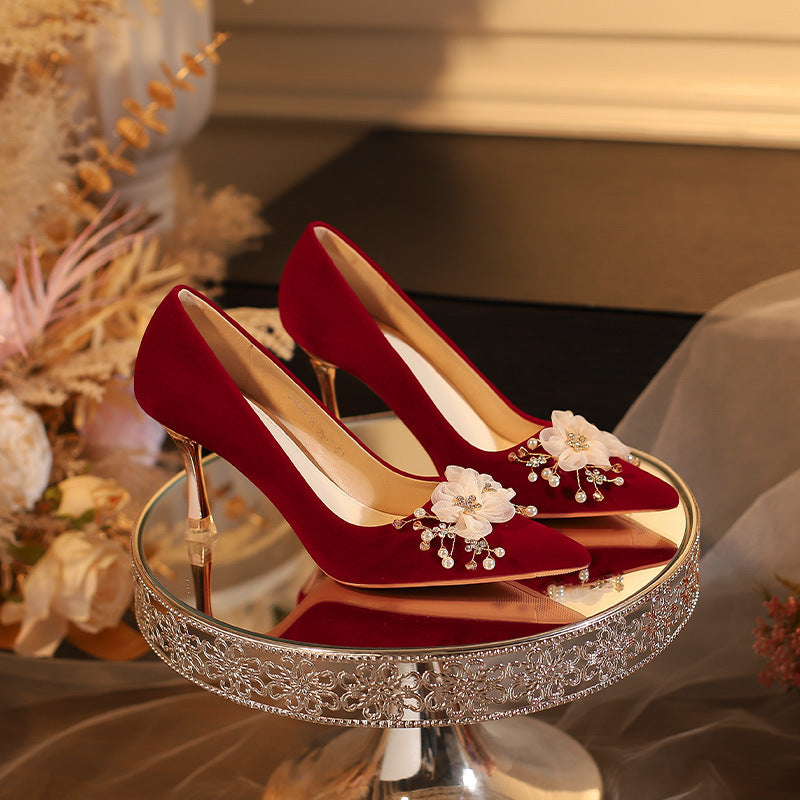 Women's Pointed Toe Suede Red High Wedding Suit Bridesmaid Bridal Women's Fashion Shoes