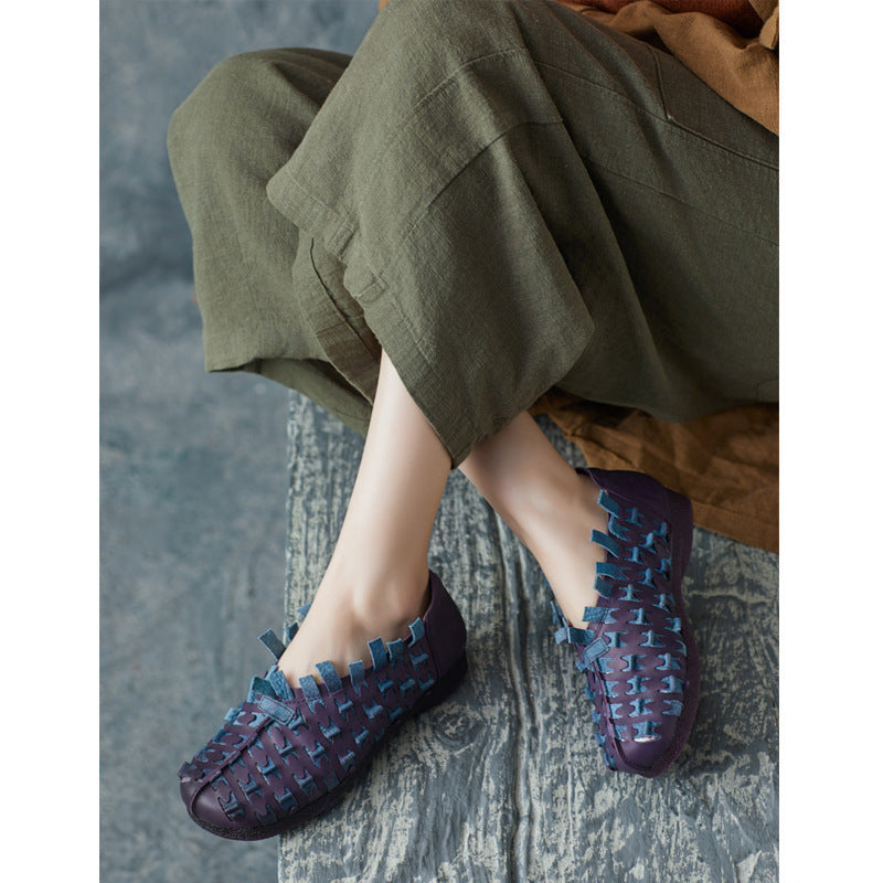 Women's Vintage Cowhide Hand-woven Soft Bottom Slip On Women's Casual Shoes