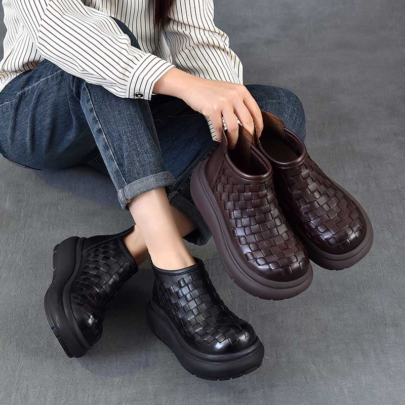 Women's Ankle Vintage Platform With First Layer Of Women's Leather Boots