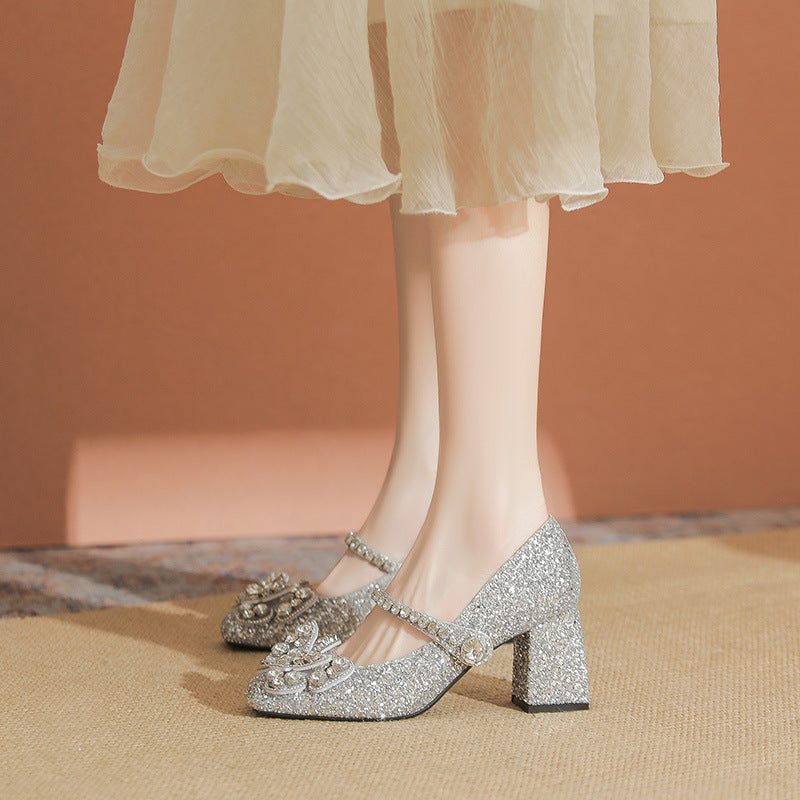Women's Toe High High-grade Shining Rhinestone Mary Jane Elegant Chunky Women's Fashion Shoes