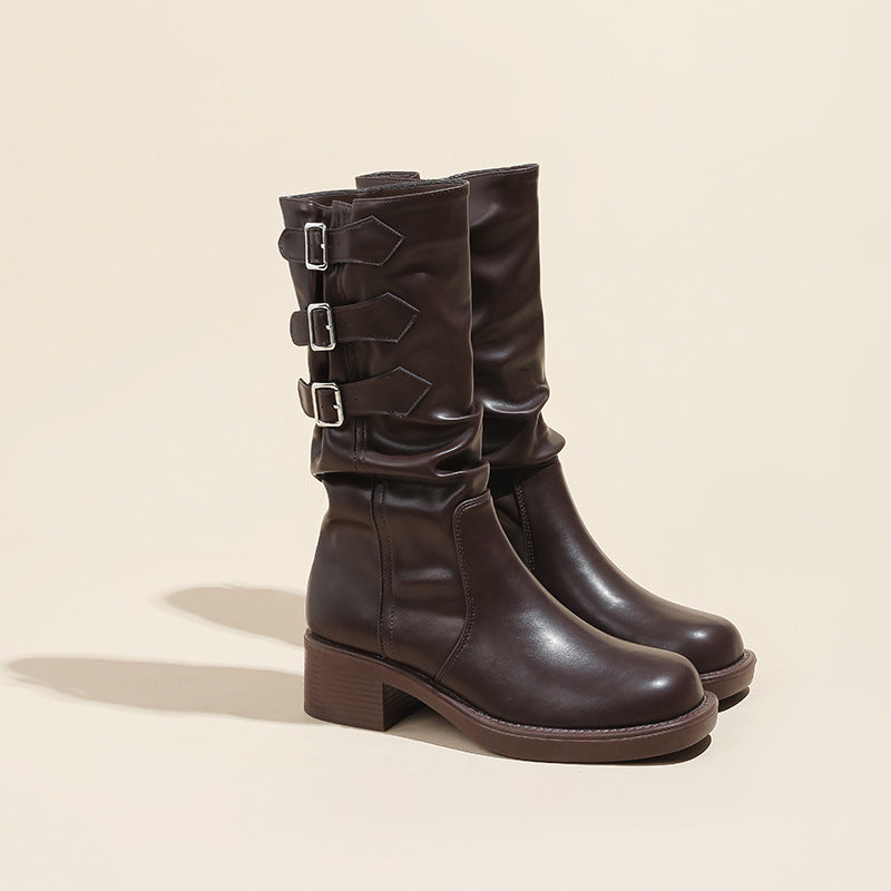 Women's Retro Belt Buckle Booties Western Style Boots