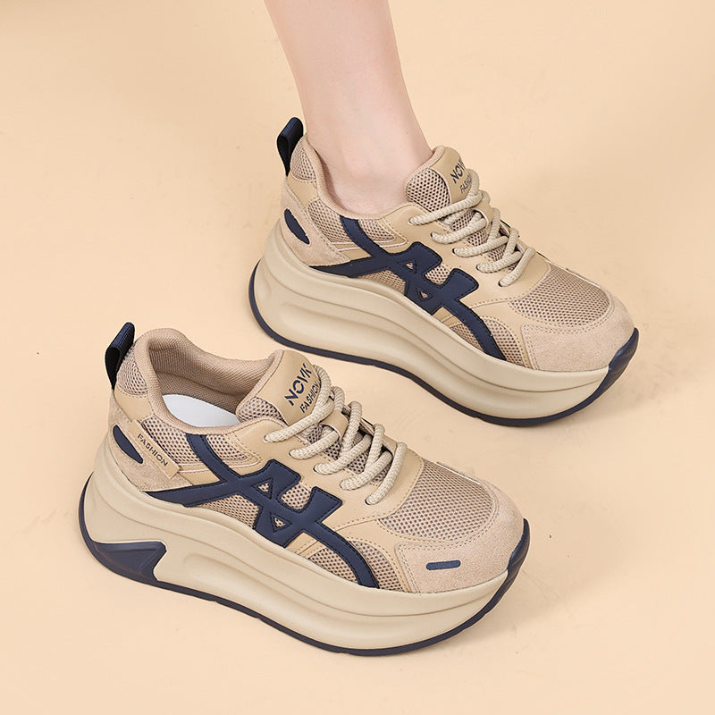 Women's Increasing Insole Mesh Platform Dad Lace Color Block Surface Small Women's Sports Shoes