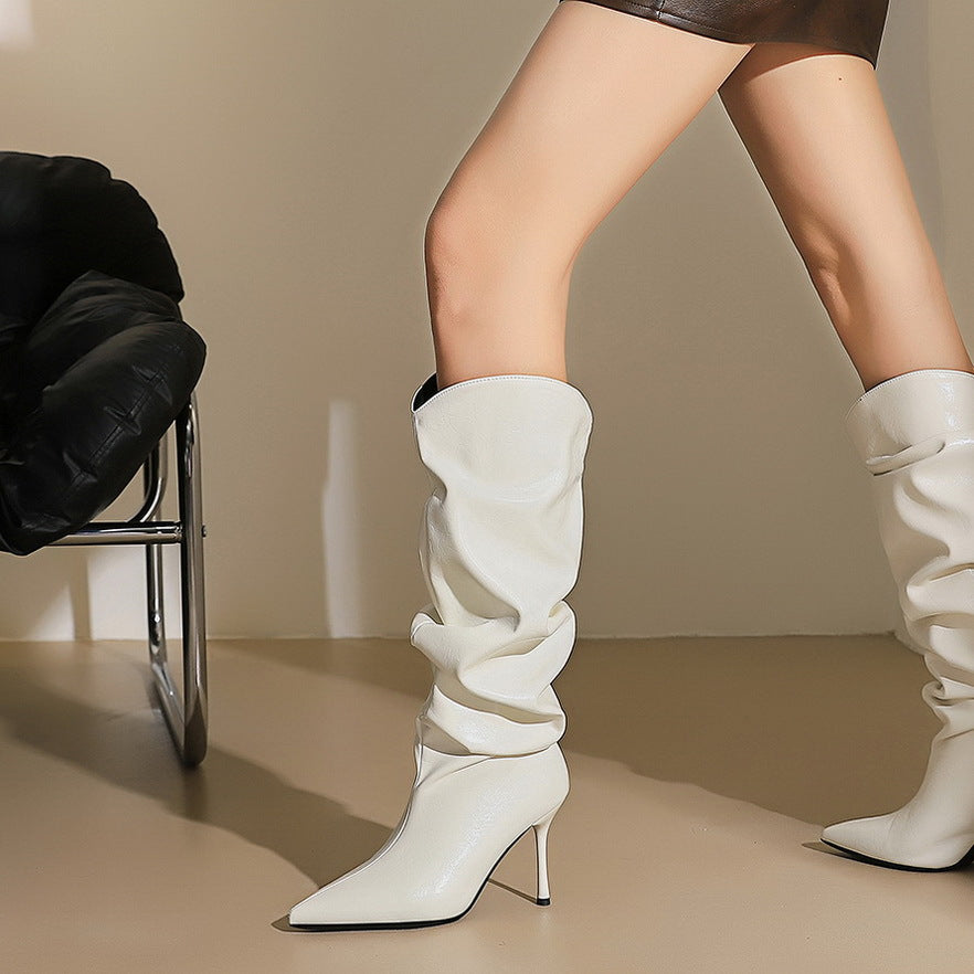 Women's Stiletto Pleated Lazy Pile Style Wide Below The Women's Leather Boots