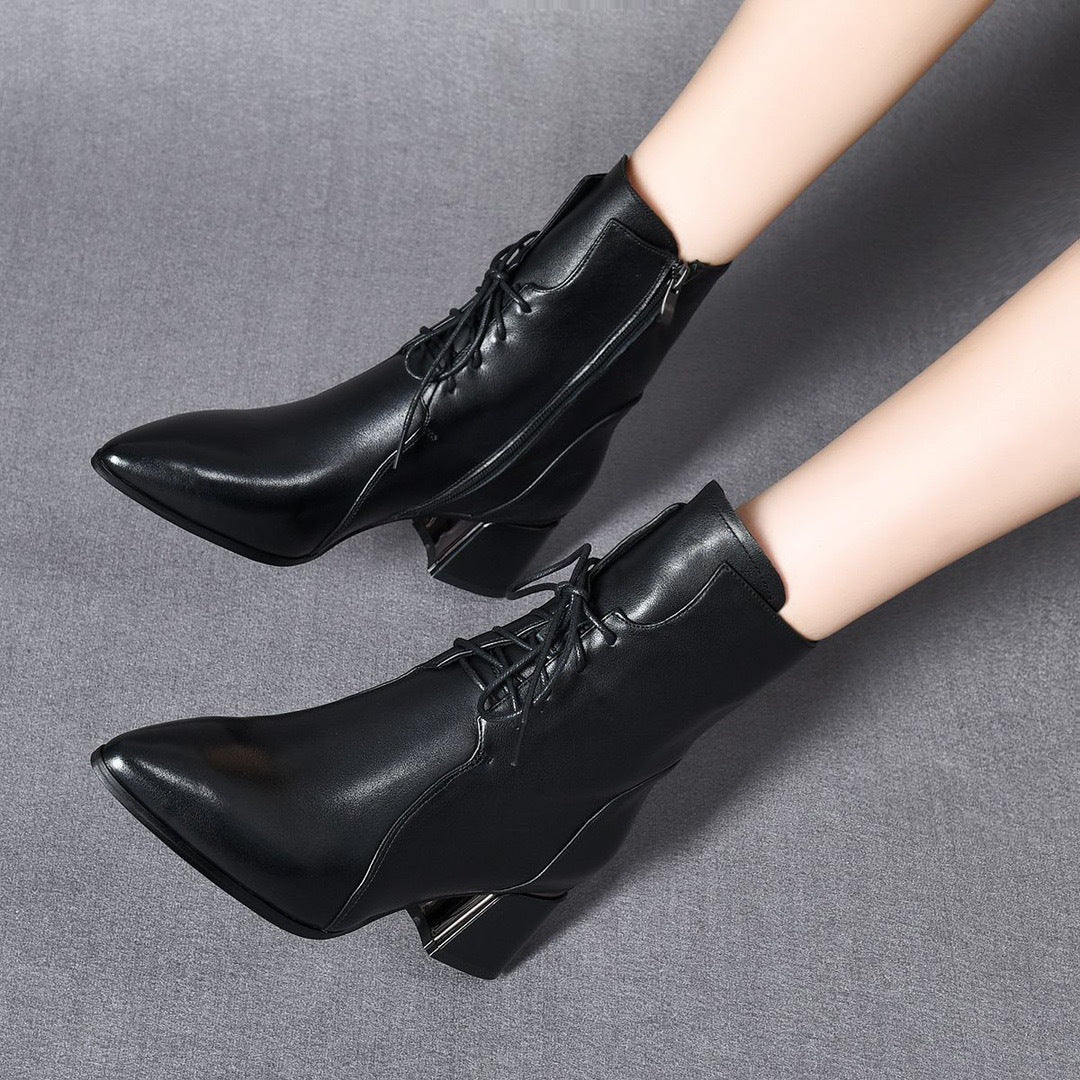Women's Genuine Mid Pointed Toe Booties Soft Bottom Chunky Women's Leather Boots