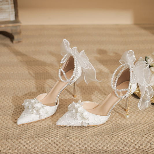 Women's Pearl Chain Bowknot High Stiletto Pointed White Women's Fashion Shoes