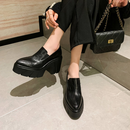 Women's Pointed Toe Platform Genuine Spring Waterproof Thick High British Leather Shoes