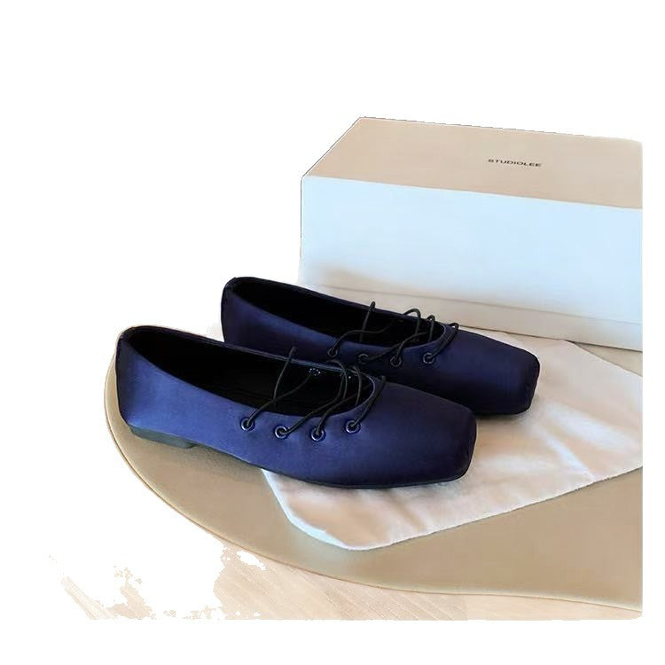 Satin Cross Belt Ballet Pumps Female Temperament Square Toe Mary Women's Fashion Shoes