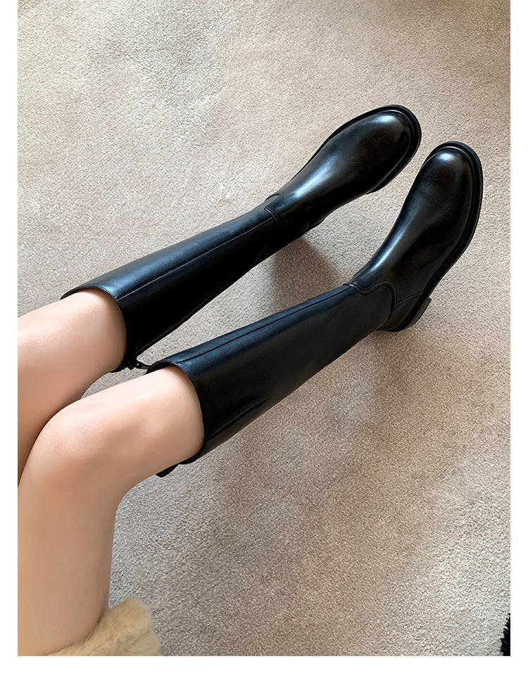 Korean Style Round Head Gold Buckle Chunky Side Zip Boots