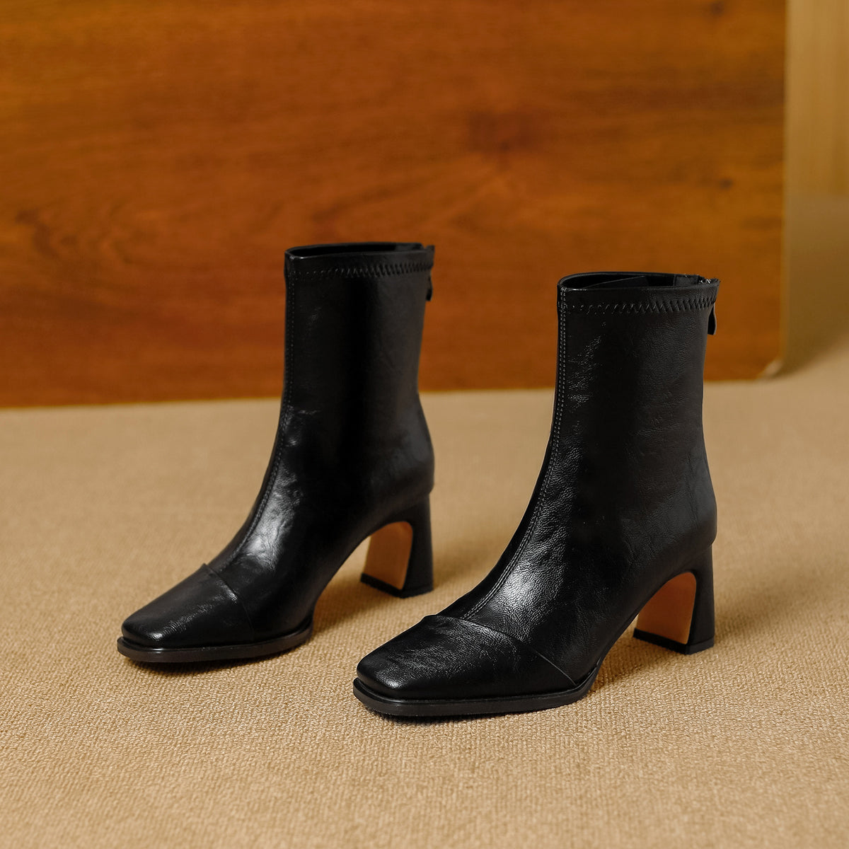Women's Square Toe High Stretch Thin With Padded Lining Simple Women's Leather Boots