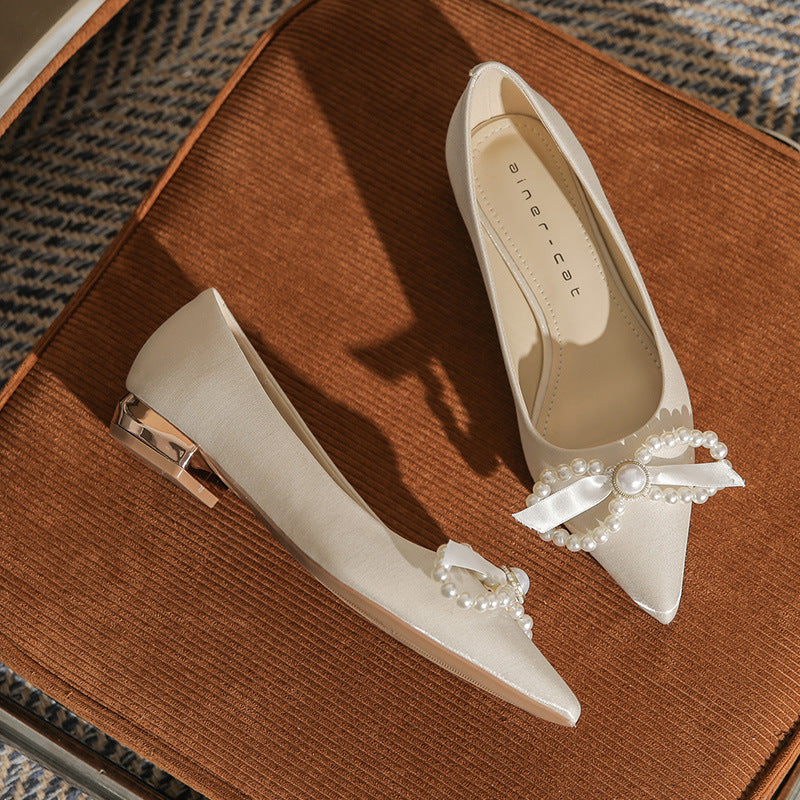 Women's Wedding Apricot Thick Bridal Low-cut Low Flat Bottom Women's Fashion Shoes