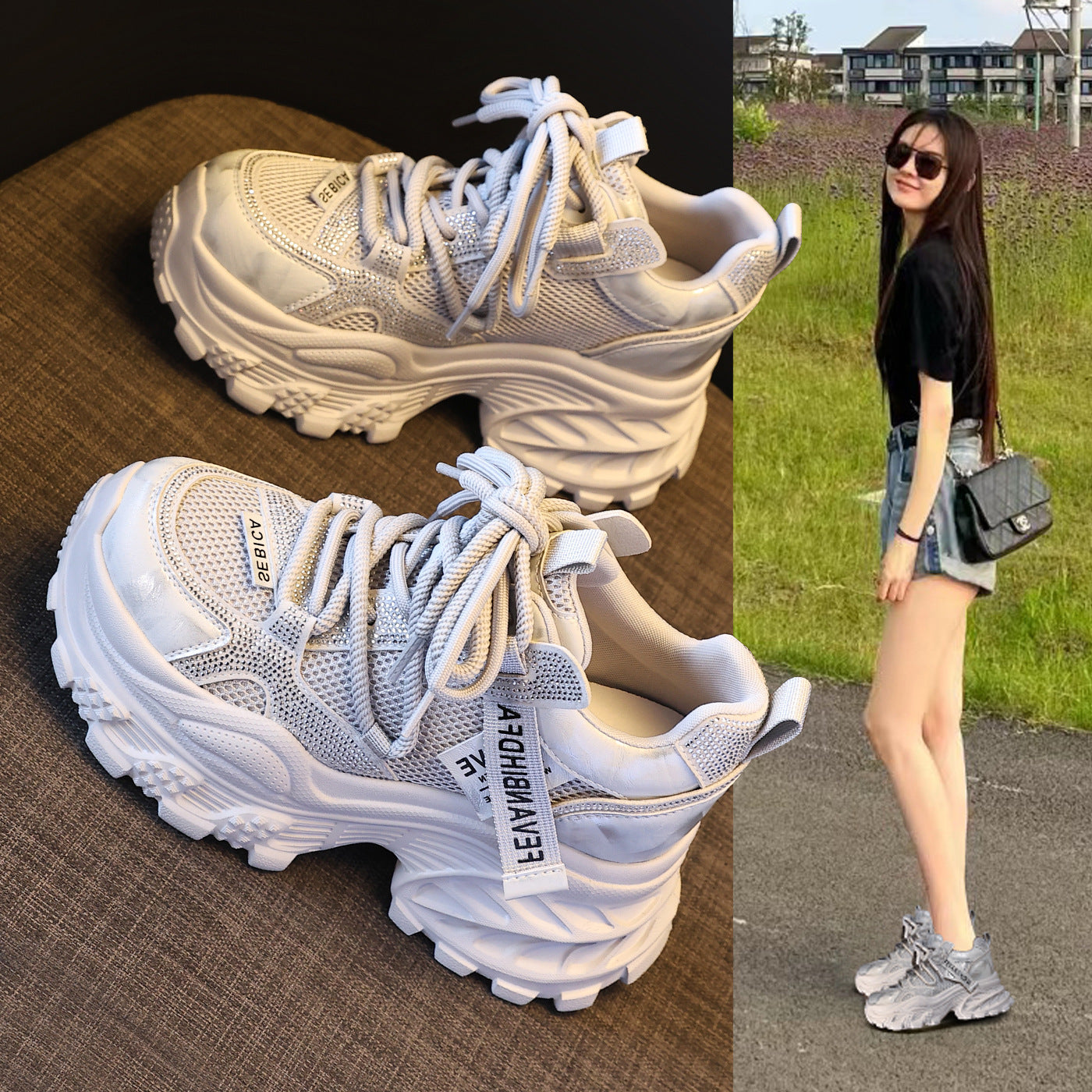 Women's Thick Bottom Height Increasing Insole Fashion Rhinestone Dad Spring Muffin Sports Casual Shoes