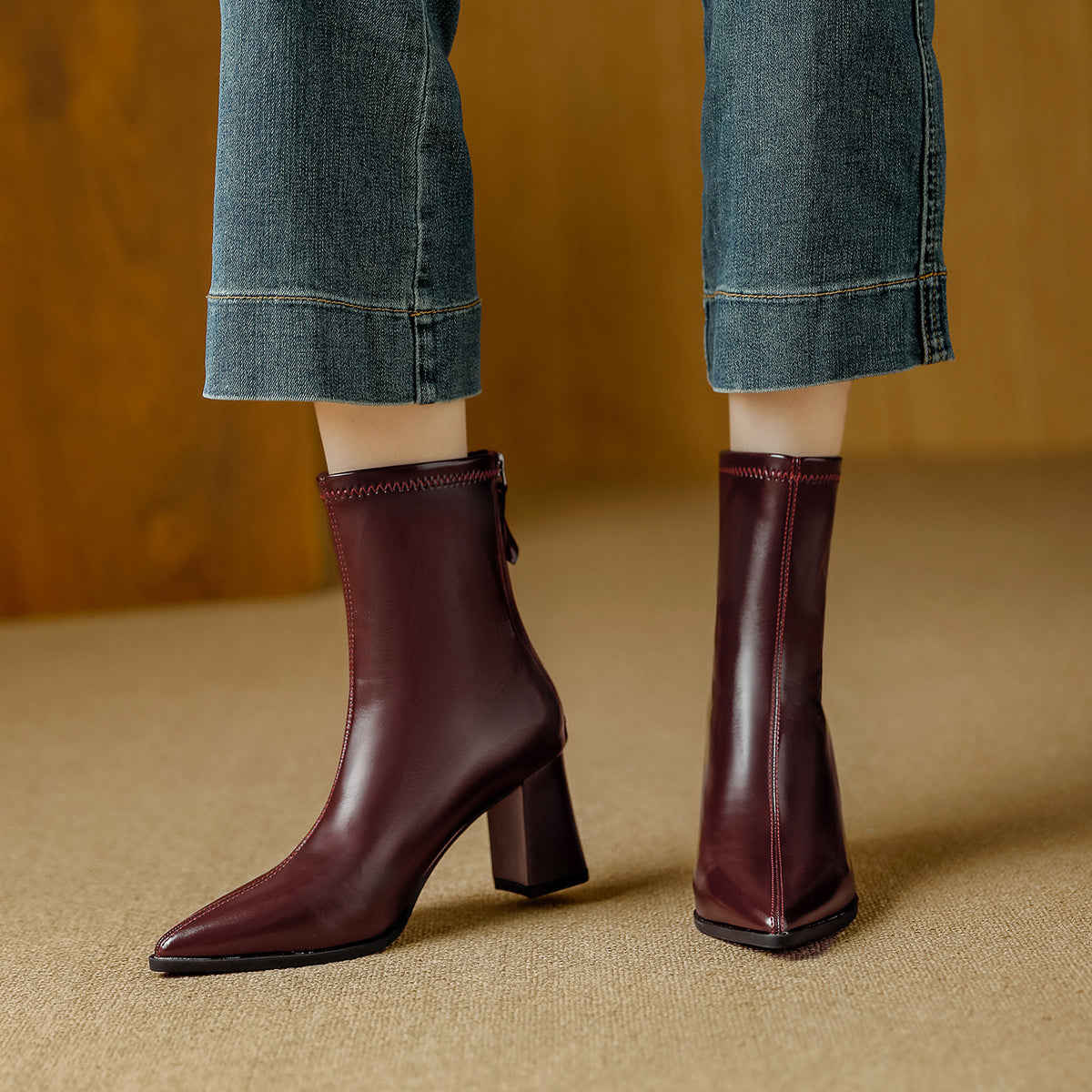 Women's Pointed Toe Chunky Booties Style Versatile Simple Back Zipper With Women's Leather Boots