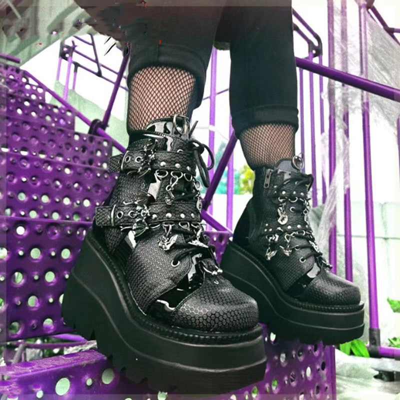 Women's Platform Wedge Bat Belt Buckle Short Martin Boots