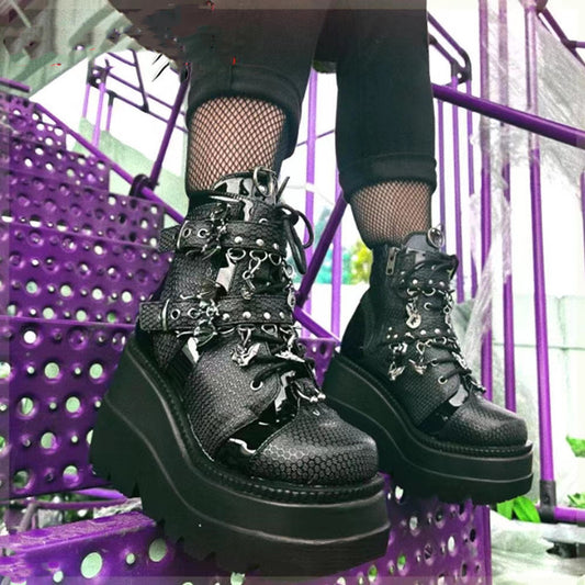 Women's Platform Wedge Bat Belt Buckle Short Martin Boots