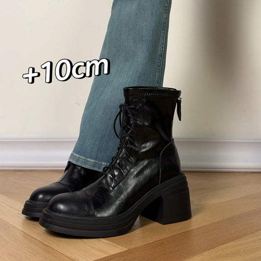 Women's Size Small Thick Bottom Hight Increasing Martin Fleece-lined High Women's Leather Boots
