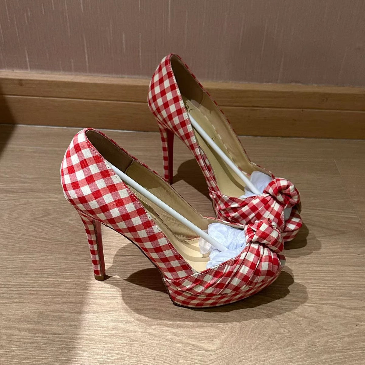 Women's Red Plaid Retro Peep Toe High Stiletto French Style Temperament Heels