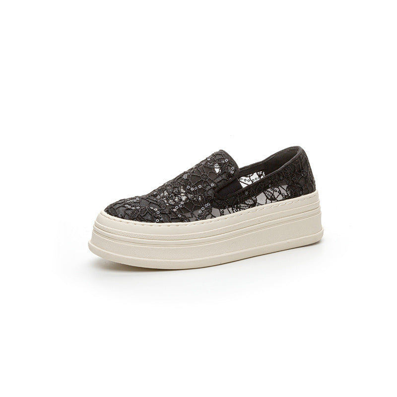 Women's Mesh Surface Thick Bottom Breathable Height Increasing Slip-on Lace Sequined Loafers