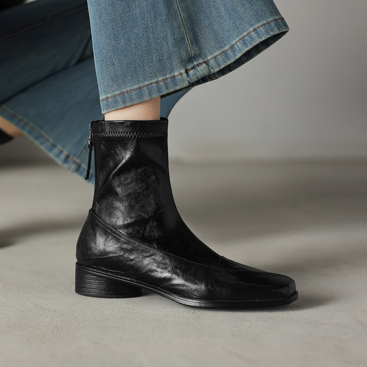 Women's Booties Genuine Temperament Square Toe Soft Bottom Comfortable Flat Boots