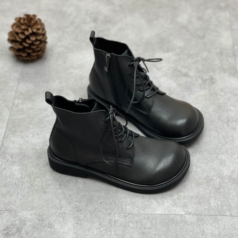 Women's Doll Head Artistic Retro Soft Bottom Side Zipper Women's Leather Boots