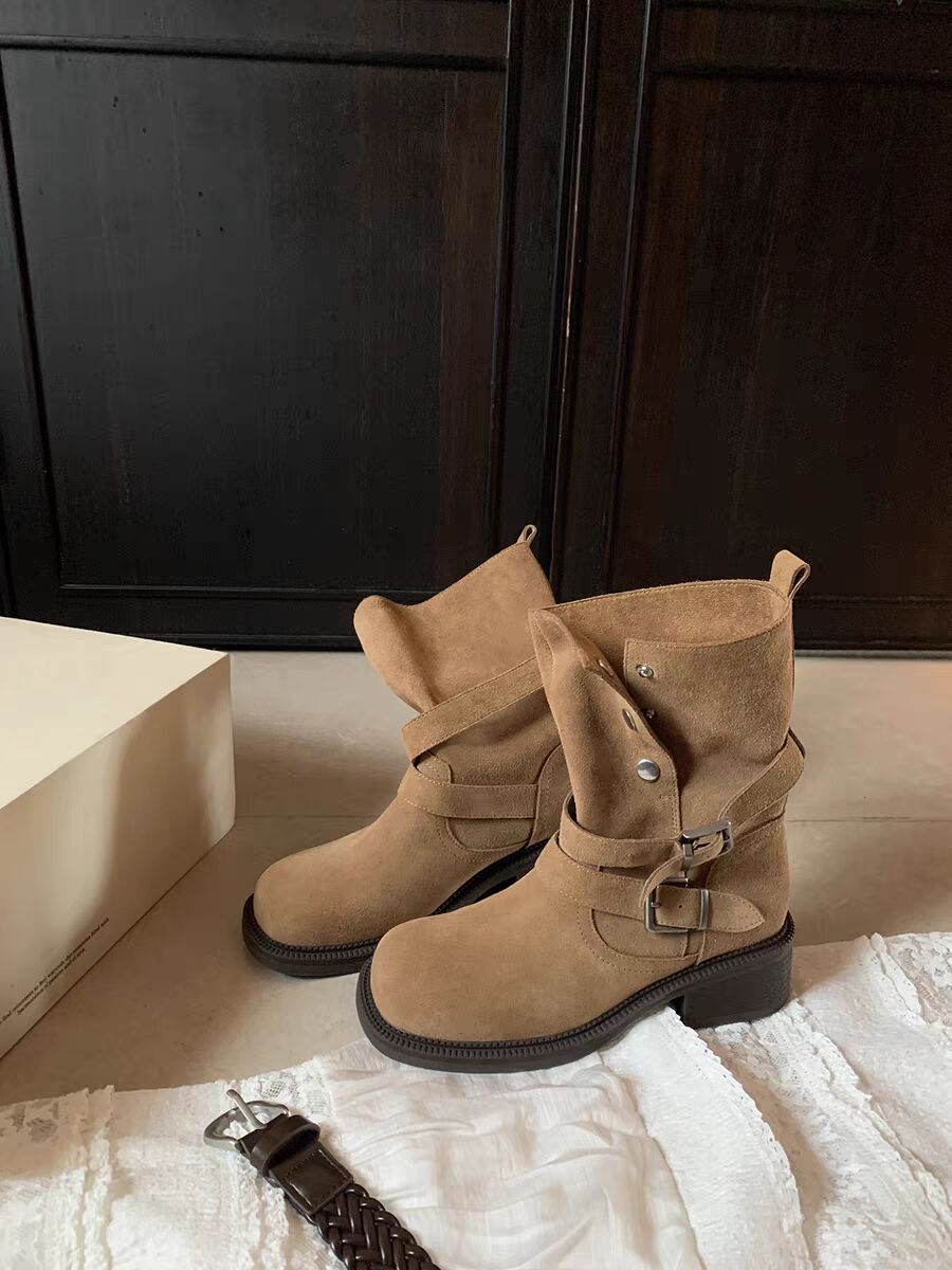 Height Increasing Autumn Fold Two-way Buckle Cow Suede Boots