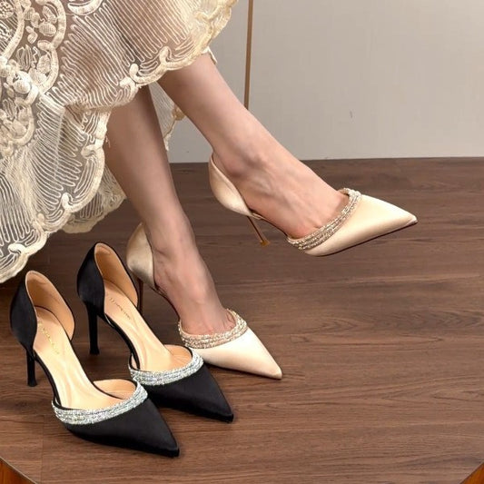 Women's Pointed Toe Rhinestone High Champagne Low-cut Satin Hollow Women's Fashion Shoes