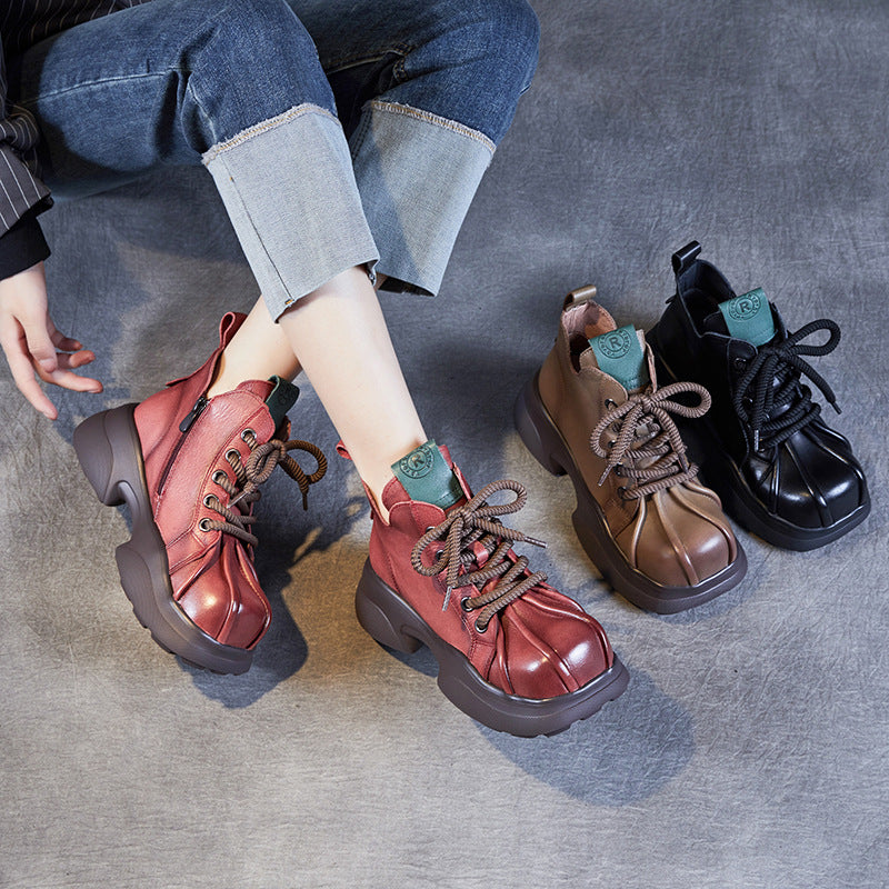 Women's Muffin Bottom High Top Ankle Fashionable First Layer Cowhide Square Men's Shoes