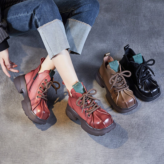 Women's Muffin Bottom High Top Ankle Fashionable First Layer Cowhide Square Men's Shoes