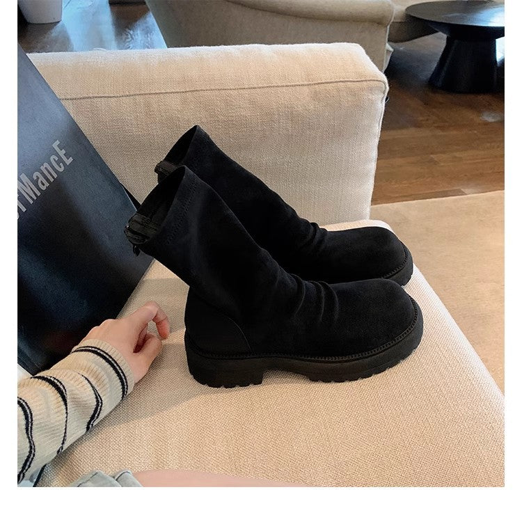 Women's Platform Skinny Round Toe Pleated Back Women's Leather Boots