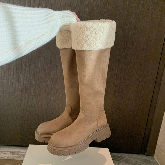 Women's Warm Hair Turning Plus Veet Tube Chunky Suede Women's Leather Boots