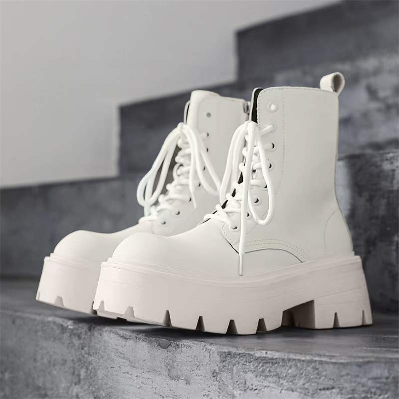 Men's British Style Black Side Zip Platform Motorcycle Boots
