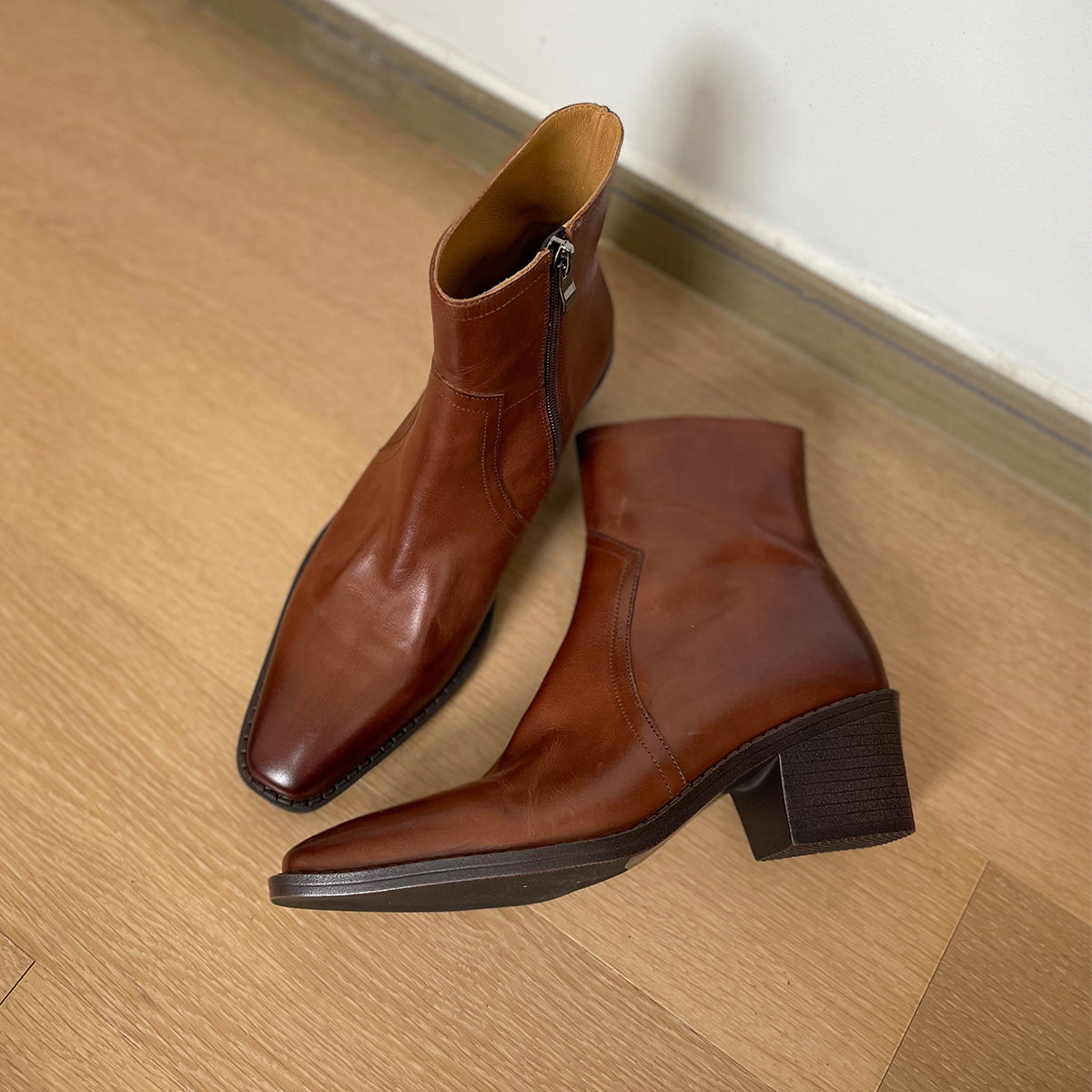 Women's Layer Cowhide Square Toe Short Chunky High British Women's Leather Boots