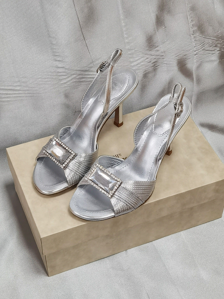Women's Rhinestone Gem Summer Peep Toe Color Block High Heeled Sandals