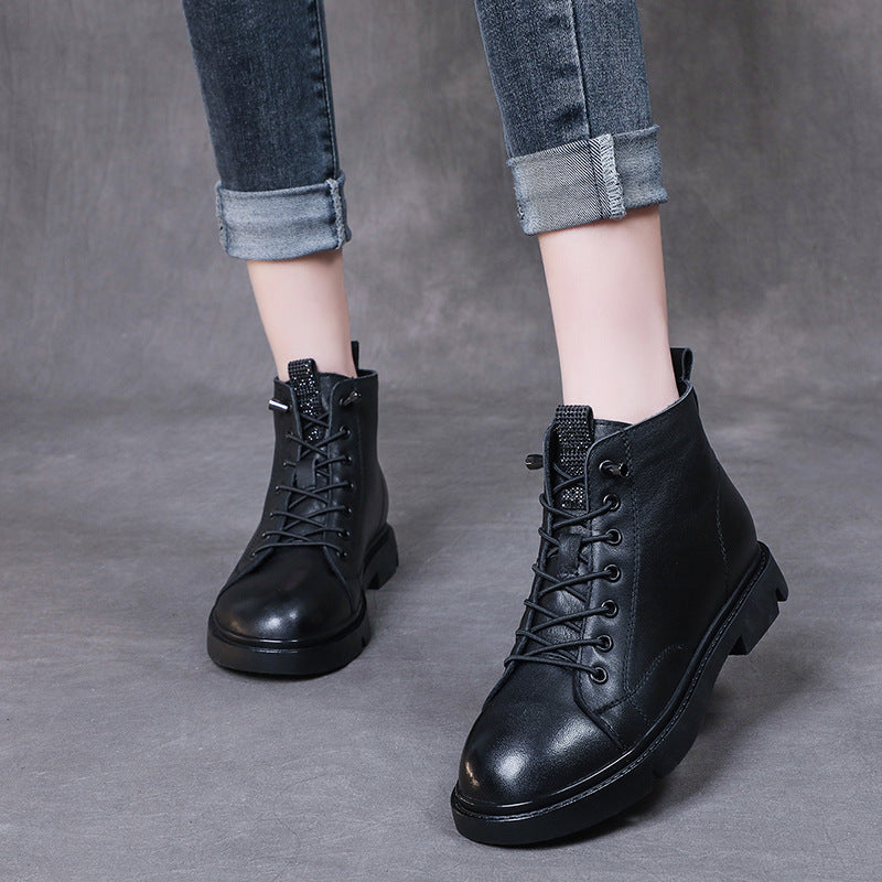 Martin Low Elastic Band Flat Comfortable Round Head Women's Leather Boots