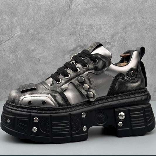 Men's Cowhide Art Metal Punk Platform Dad Retro Men's Casual Shoes