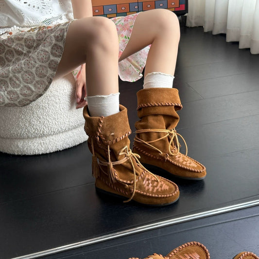 Style Slimming Tied Height Increasing Insole Retro Tassel Western Foldable Boots