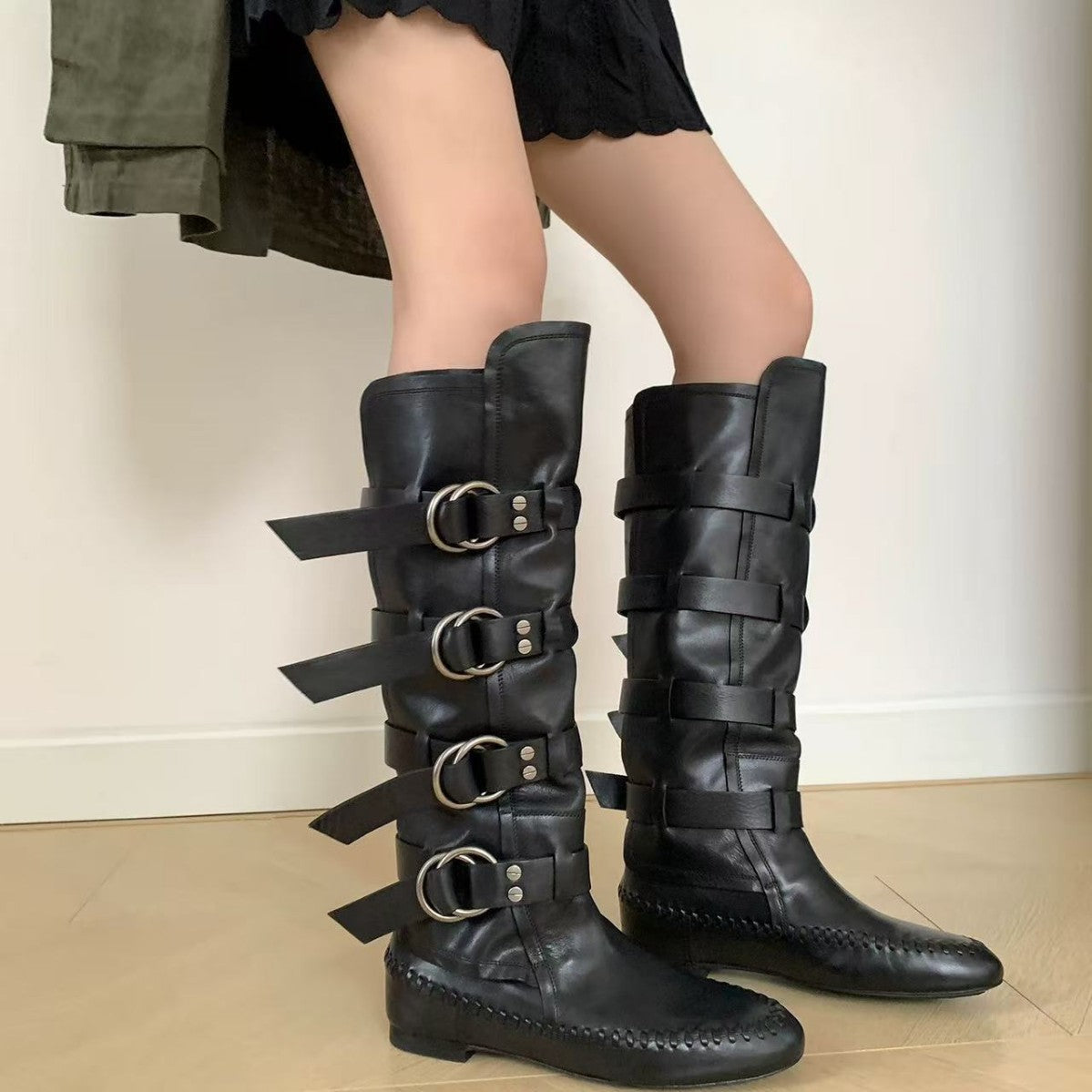 Style Paris Stylish Niche Retro Handmade Sewing Strap Women's Leather Boots
