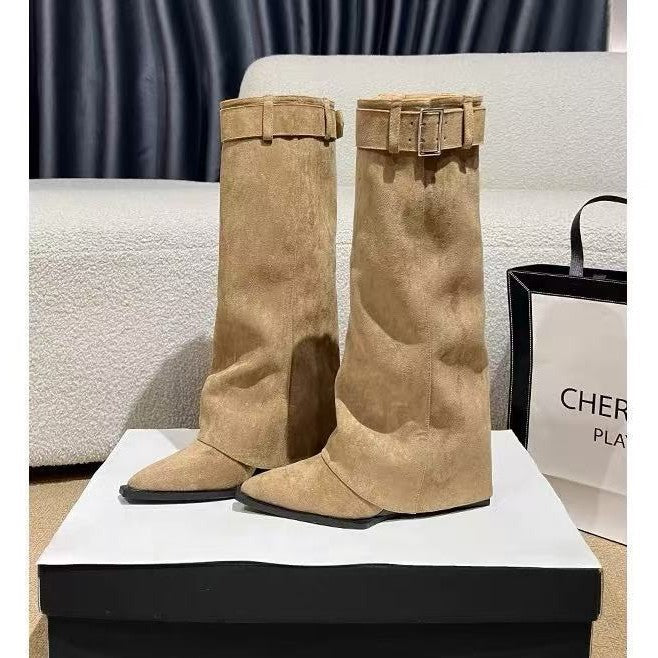 Women's Version Pointed Hot Style White Belt Buckle Wedge Skinny Pants Women's Leather Boots