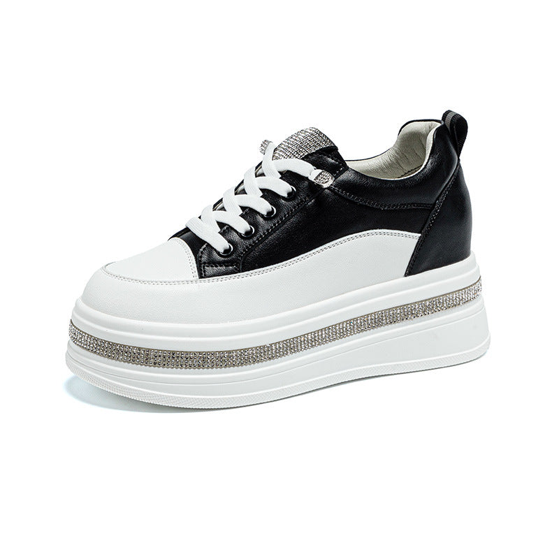 Women's White Platform Muffin Height Increasing Insole Pearl Diamond Elastic Lace Women's Casual Shoes