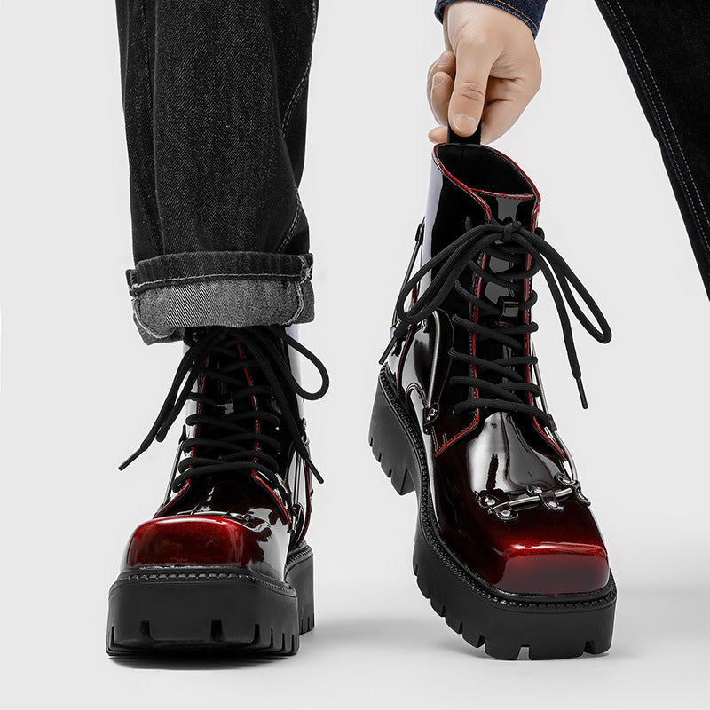 Men's British Style Niche Square Toe Handsome Short Platform Motorcycle Red Men's Martin Boots