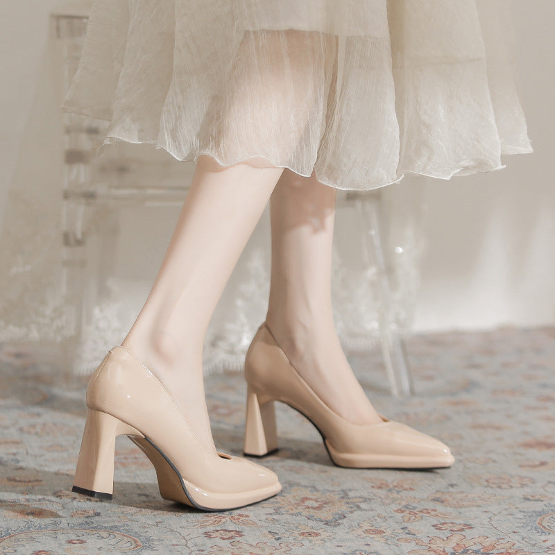 Women's Nude Waterproof Platform High Elegant Patent Chunky Barbie Heels
