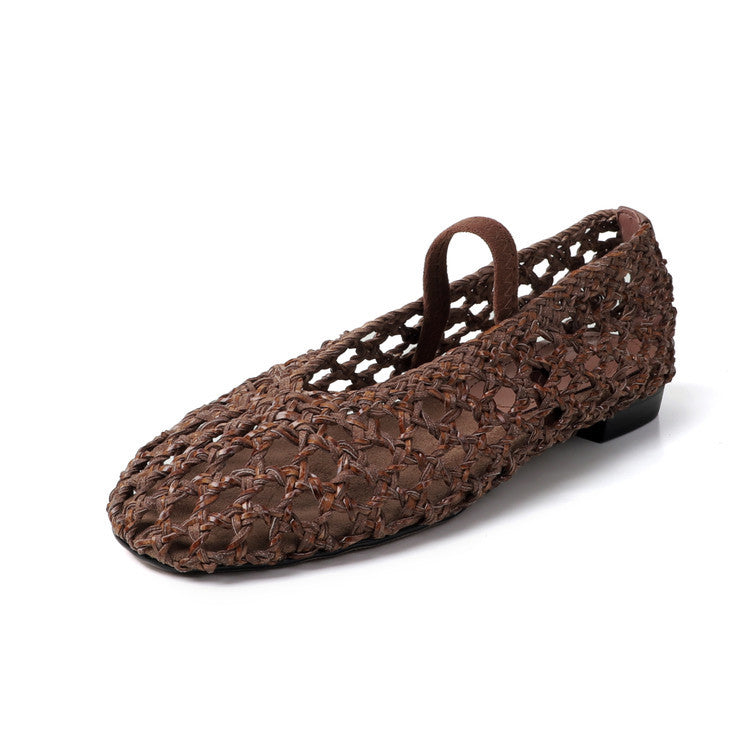 Women's Woven Hollowed Low-cut Pumps Mary Jane Sheepskin Insole With Men's Shoes