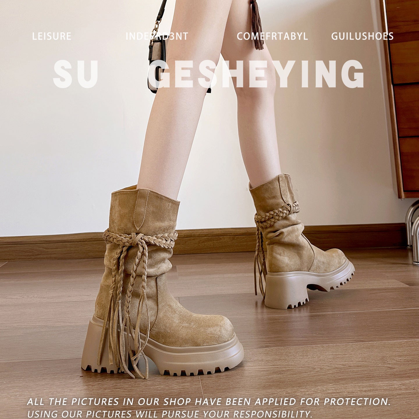 Women's Waste Soil Style Pleated Pile Slimming Round Toe Thin Boots