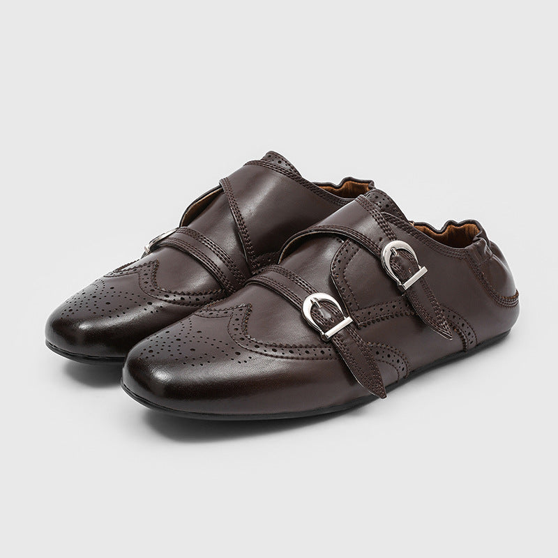 Men's Spring Round Toe Buckle Flat Brogue Nude Men's Shoes