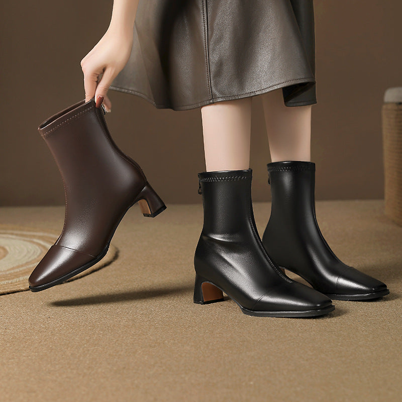 Square Toe Chunky Rear Zipper Martin High Heels