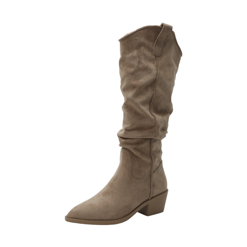 Women's Knight V Buckle Skinny Pile Style Chunky Women's Leather Boots