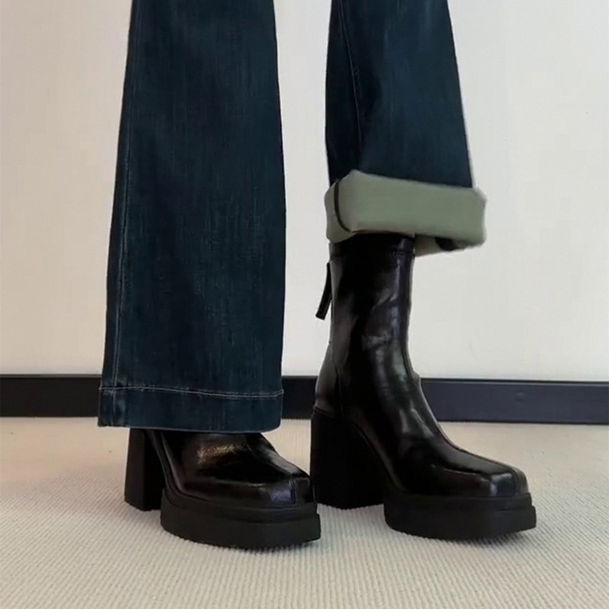 Women's Toe High Thin Chunky French Ankle Women's Leather Boots