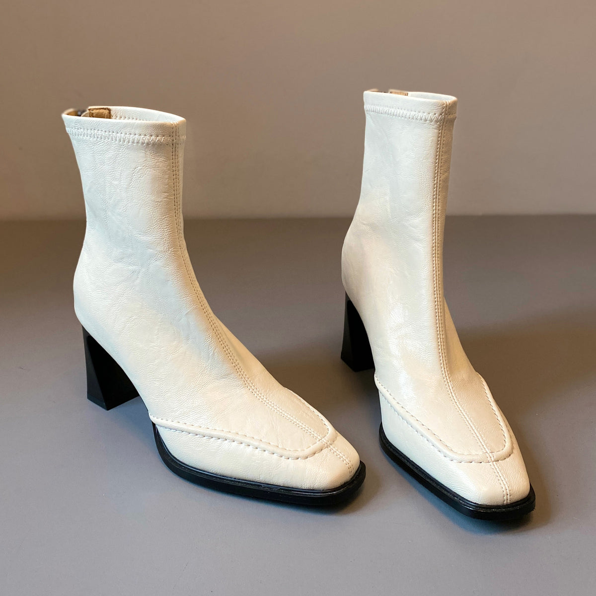 Women's French Style Square Toe Chunky Short Simple Temperament Slim Women's Leather Boots