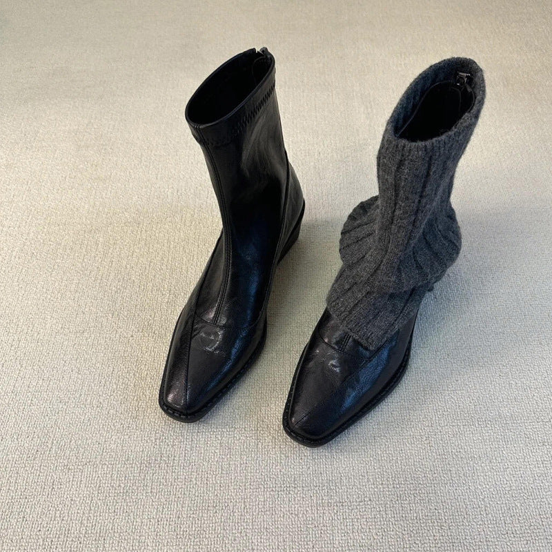 Women's Stretch Thin Chunky Black Short Suede Slimming Women's Leather Boots