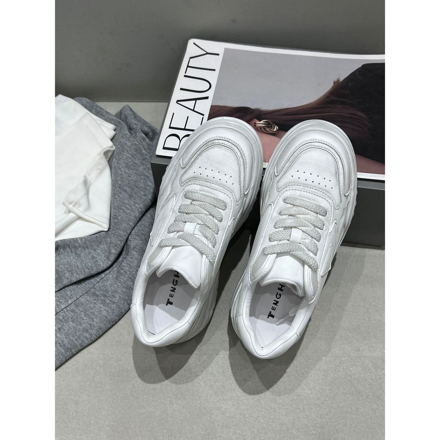 Women's Spring Genuine Polished Platform White Fashion Sneakers