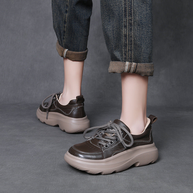 Women's First Layer Cowhide Platform Pumps Spring Soft Bottom Wild Round Women's Casual Shoes
